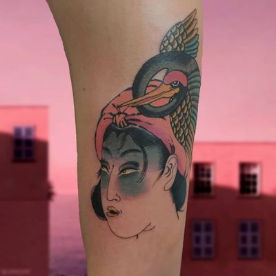 Japanese tattoo by Lara aka 90sdolphintattoo #Lara #90sdolphintattoo #LaraThomsonEdwards #Japanese #Japaneseinspired #geisha #portrait #crane #bird 
