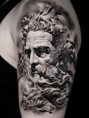 Greek god portrait tattoo by Suno #Suno #SeoulInkTattoo #Seoul #Korea #Seoultattoo #Seoultattooartist #Seoultattooshop #greekgod #zeus #sculpture #thunder #portrait #realism