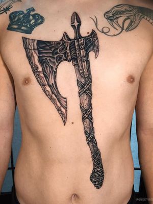 Ax tattoo by Bobby aka Monkey Bob #Bobby #MonkeyBob #SeoulInkTattoo #Seoul #Korea #Seoultattoo #Seoultattooartist #Seoultattooshop #ax #illustrative #weapon #viking #medieval #chest #torso #stomach