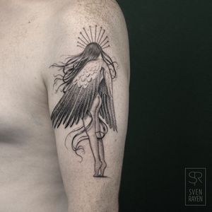 Illustrative tattoo by Sven Rayen #SvenRayen #illustrative #fineline #wings #feathers #girl #angel #fairy #surreal #belgium 