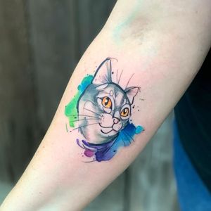 Watercolor cat tattoo by Britta Christiansen #BrittaChristiansen #watercolorcattattoo #watercolor #cattattoos #cattattoo #kittytattoo #kitty #cat #petportrait #animal #nature