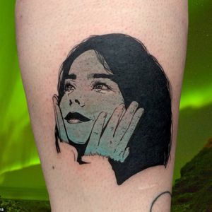 Bjork tattoo by Lara aka 90sdolphintattoo #Lara #90sdolphintattoo #LaraThomsonEdwards #bjork #music #portrait #lady
