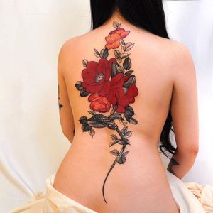 Back tattoo by Seoul based tattoo artist Adela Tattooer #Adelatattooer #backtattoo #backpiece #rose #flower #peony #poppy #floral #nature #snake #nature #seoul #korea #koreatattoo #seoultattooartist #seoultattoo