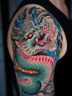 Dragon tattoo by Jin Q #JinQ #SeoulInkTattoo #Seoul #Korea #Seoultattoo #Seoultattooartist #Seoultattooshop #dragon #color #japanese #irezumi #neojapanese