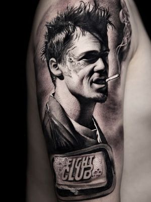 Tyler Durden Fight Club tattoo by Suno #Suno #SeoulInkTattoo #Seoul #Korea #Seoultattoo #Seoultattooartist #Seoultattooshop #tylerdurden #fightclub #movie #film #bradpitt #darkart #portrait #realism