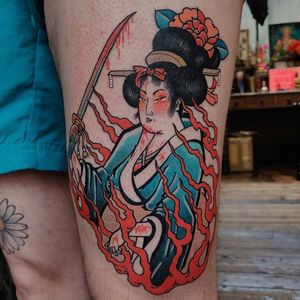 Japanese tattoo by Lara aka 90sdolphintattoo #Lara #90sdolphintattoo #LaraThomsonEdwards #Japanese #Japaneseinspired #sword #geisha #fire #flower #floral #kimono  