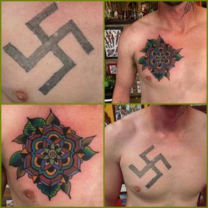 Swastika cover up tattoo by Billy White. #billywhite #racistcoverup #coveruptattoo #mandalatattoo