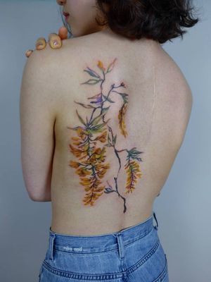 Watercolor tattoo by Denon Tattoo #DenonTattoo #Denon #watercolor #natural #organic #flowing #nature #floral #water #back