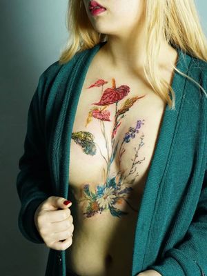 Watercolor tattoo by Denon Tattoo #DenonTattoo #Denon #watercolor #natural #organic #flowing #nature #floral #water #chest