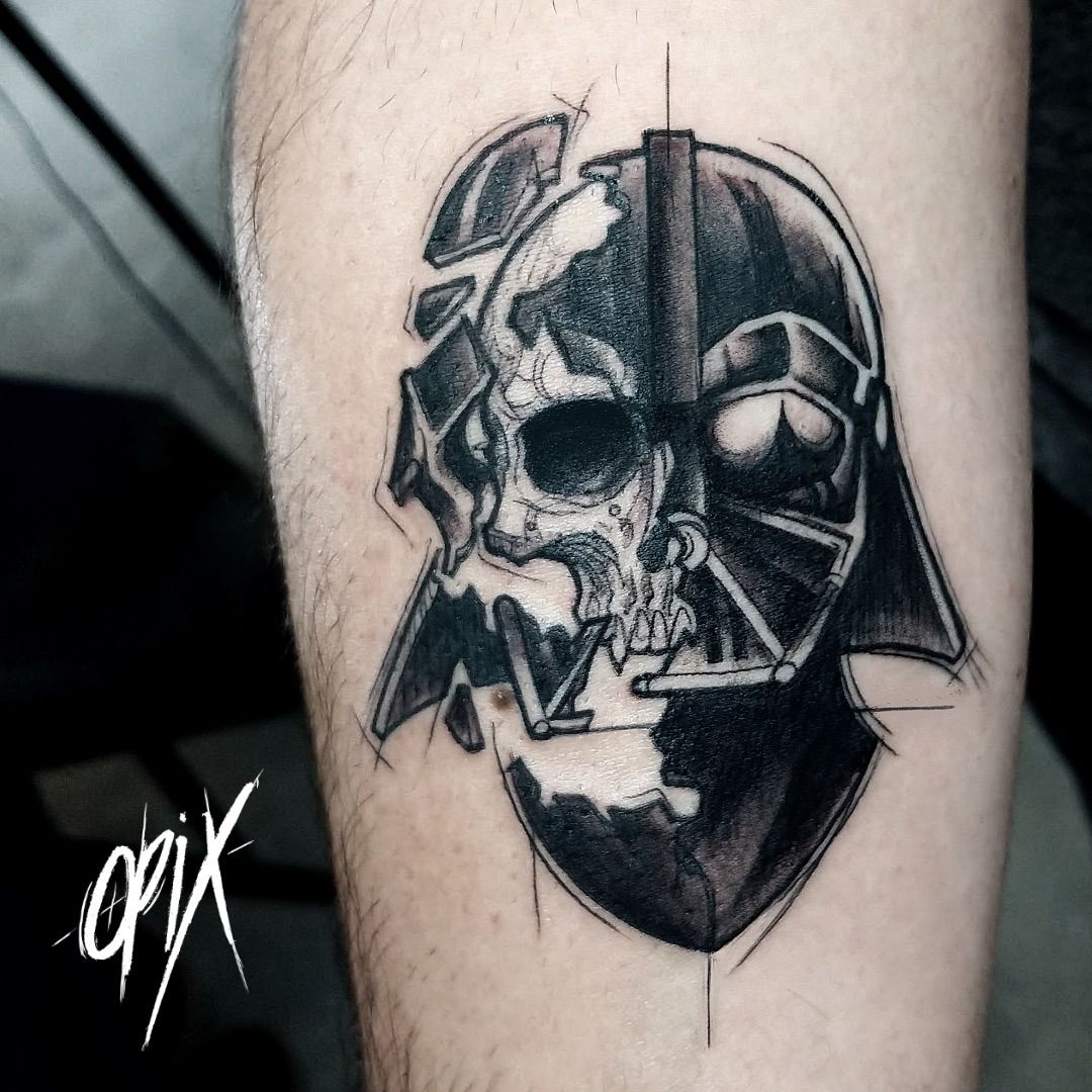 Hand poked Darth Vader tattoo on the left calf