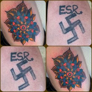 Swastika cover up tattoo by Billy White. #billywhite #racistcoverup #coveruptattoo #mandalatattoo