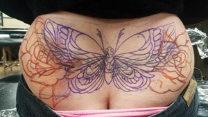 Butterfly and rose stencil over an old tattoo, done by Mike Prickett. #mikeprickett #coveruptattoo #butterflytattoo