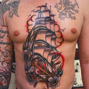 Fully rigged ship by Nick Green. #nickgreen #shiptattoo #stomachtattoo