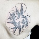 Illustrative tattoo by Fan Wu #FanWu #illustrative #linework #drawing #bird #flower #dots #ornamental #back 