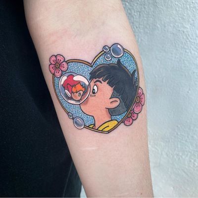 Ponyo tattoo by Rennietattoo #Rennietattoo #ponyo #sosuke #fish #bubble #heart #flower #portrait #love #StudioGhibli #anime #manga #movie