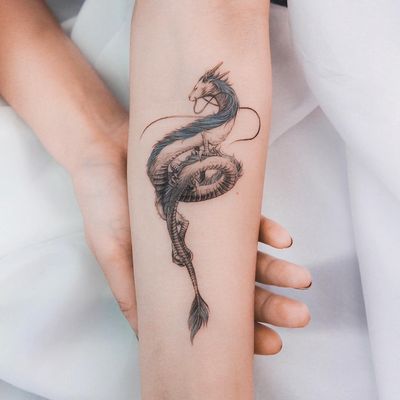 Haku tattoo by Ghinko #Ghinko #haku #hakutattoo #dragon #Japanesespirit #rivergod #water #deity #SpiritedAway #StudioGhibli #anime #manga #movie