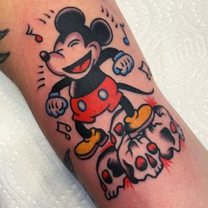 Dancing Mickey Mouse tattoo by Nick Green. #nickgreen #mickeymousetattoo #skulltattoo