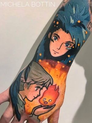  Howl's Moving Castle tattoo by Michela Bottin #MichelaBottin #HowlsMovingCastle #Howl #color #fire #sparks #Calcifer #Sophie #handtattoo #NewSchool #StudioGhibli #anime #manga #movie