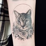 Illustrative tattoo by Fan Wu #FanWu #illustrative #linework #drawing #cat #arm #petportrait #flowers 