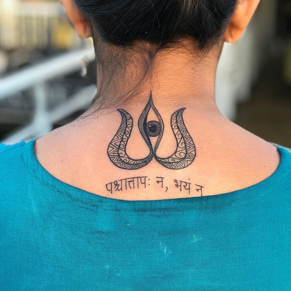 Trident tattoo on the back by juhikaran #juhikaran #tridenttattoo #eye #trident #lettering #thai #pattern