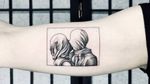 Illustrative tattoo by Fan Wu #FanWu #illustrative #linework #drawing #magritte #fineart #painting #kiss #love #arm