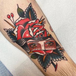 Lady rose tattoo by Nick Green. #nickgreen #rosetattoo #ladyrosetattoo #americantraditionaltattoo