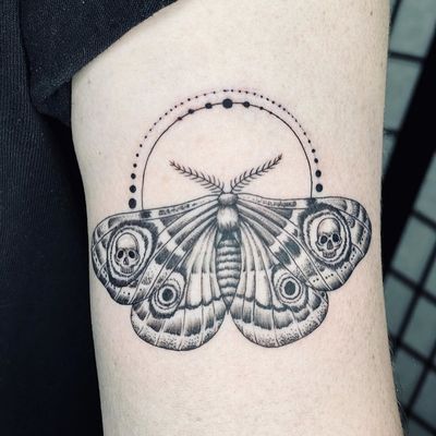 Illustrative tattoo by Fan Wu #FanWu #illustrative #linework #drawing #moth #skull #arm