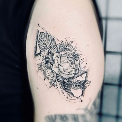 Illustrative tattoo by Fan Wu #FanWu #illustrative #linework #drawing #floral #geometric #dotwork