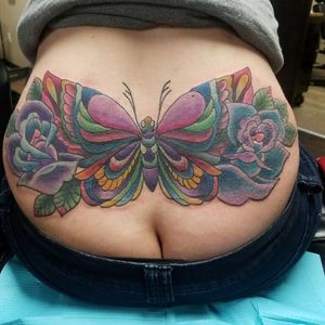 Finished butterfly and rose cover up by Mike Prickett. #mikeprickett #coveruptattoo #butterflytattoo