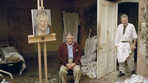 Lucien Freud in his studio painting David Hockney #LucienFreud #DavidHockney