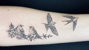 Illustrative tattoo by Fan Wu #FanWu #illustrative #linework #drawing #arm #bird #feathers #fly #floral #nature 
