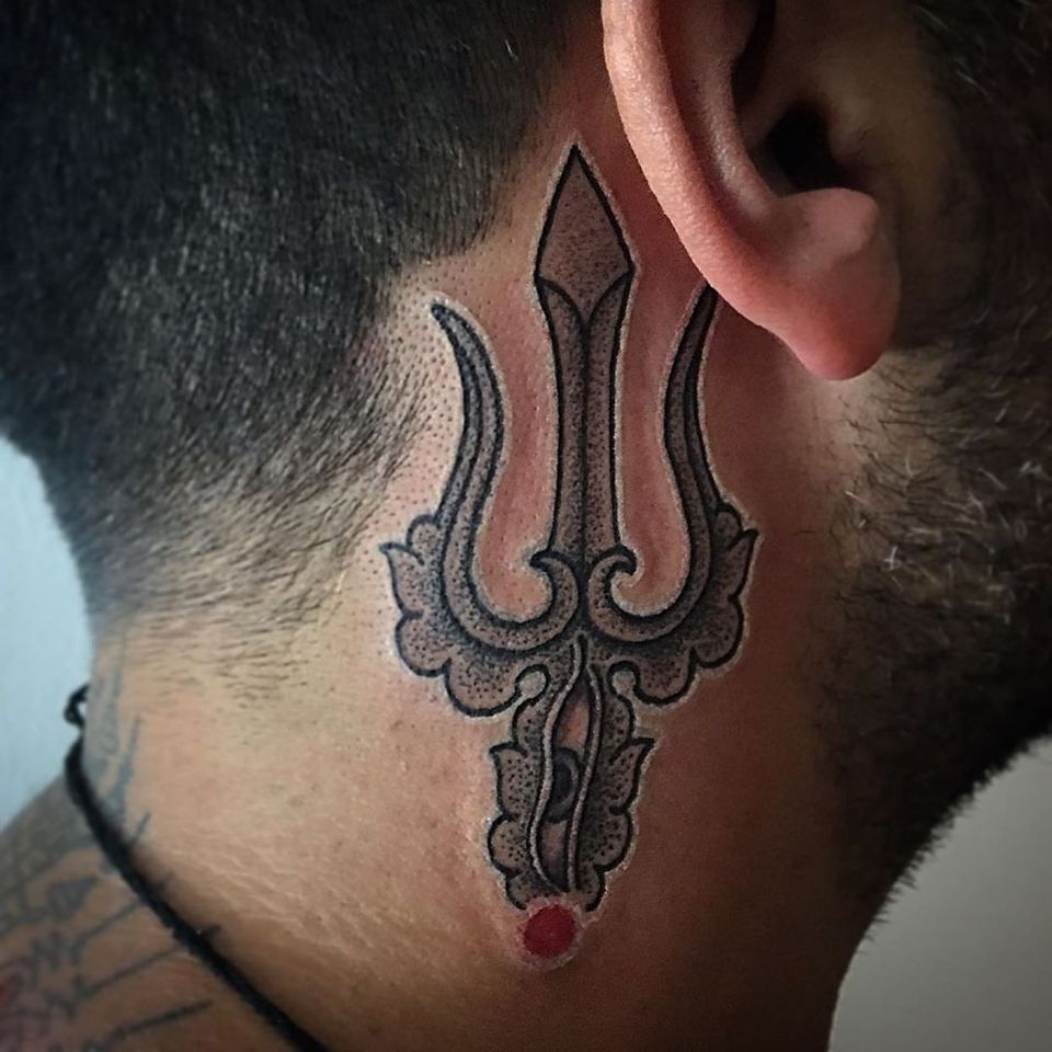 Trident tattoo by gemlovelondon #gemlovelondon #tridenttattoo #trident #buddhist #necktattoo #eye