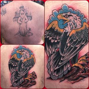 Klansmen back tattoo cover up by Billy White. #billywhite #racistcoverup #coveruptattoo #eagletattoo #backtattoo