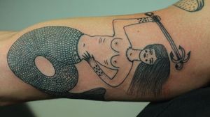 Illustrative tattoo by Aleksandr Tagunov aka tahunou #AleksandrTagunov #tahunou #illustrativetattoo #mermaid #trident #magic #fantasy #arm