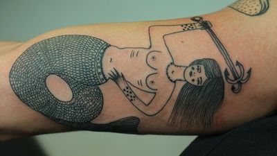 Illustrative tattoo by Aleksandr Tagunov aka tahunou #AleksandrTagunov #tahunou #illustrativetattoo #mermaid #trident #magic #fantasy #arm