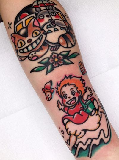 Studio Ghibli tattoo by Red Lip Tattoo #Redliptattoo #StudioGhibli #anime #manga #movie #ponyo #catbus #totoro #flowers #floral 