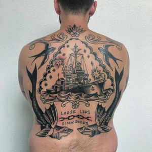 Back tattoo by Mike Ski #MikeSki #truehand #traditional #ship 