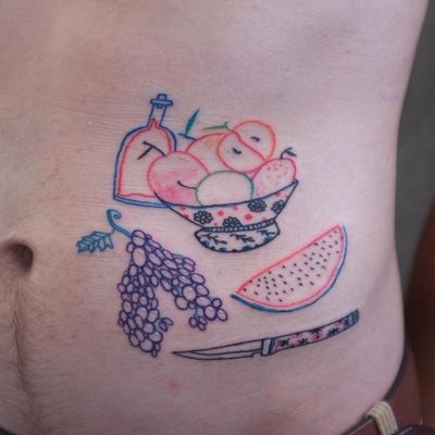 Illustrative tattoo by Aleksandr Tagunov aka tahunou #AleksandrTagunov #tahunou #illustrativetattoo #fruit #food #dagger #wine 