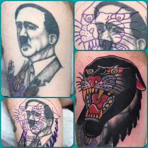 Cover up tattoo of a Hitler portrait by Billy White. #billywhite #racistcoverup #coveruptattoo #panthertattoo