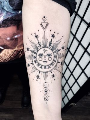 Illustrative tattoo by Fan Wu #FanWu #illustrative #linework #drawing #sun #moon #dotwork #arm #stars