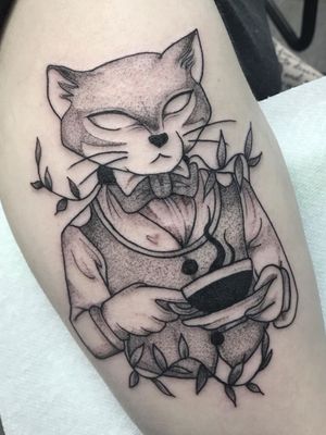 Baron from The Cat Returns tattoo by amberrywilson #amberrywilson #TheCatReturns #Baron #illustrative #cat #floral #leaves #coffee #tea #StudioGhibli #anime #manga #movie 