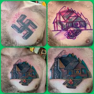 Swastika tattoo cover up by Billy White. #billywhite #racistcoverup #coveruptattoo #logcabintattoo