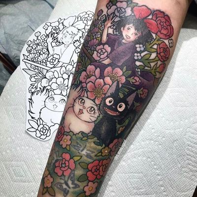 Kiki's Delivery Service tattoo by Lea Ligot #LeaLigot #KikisDeliveryService #Kiki #Jiji #flowers #floral #roses #witch #StudioGhibli #anime #manga #movie