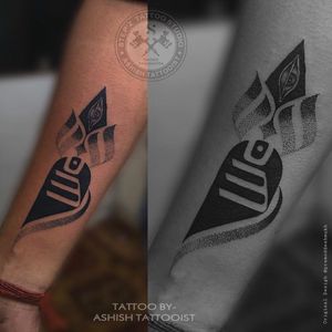 Trident tattoo by ashish_tattooist #ashishtattooist #tridenttattoo #trident #buddhist #eye #symbol #blackwork #arm