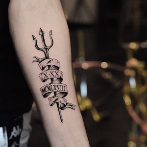 Trident tattoo by sebastian_tattoo #sebastiantattoo #trident #tridenttattoo #banner #romanumerals #blackandgrey #forearm