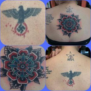 Naz Eagle and Swastikai cover up tattoo by Billy White. #billywhite #racistcoverup #coveruptattoo #mandalatattoo
