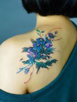 Floral tattoo by Denon Tattoo #Denon #DenonTattoo #NoNameTattoo #Seoul #Koreantattooartist #femaletattooartist #illustrative #flower #shoulder