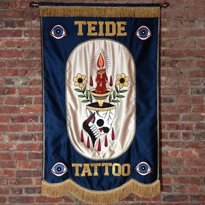 A banner by Meghan McAleavy for Teide of Red Point Tattoo #MeghanMcAleavy #banner #textileart #tattooart 