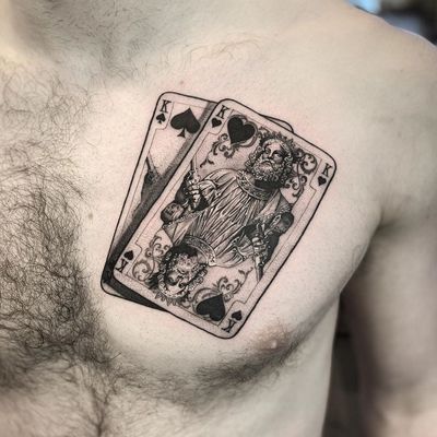 Playing cards chest tattoo by Lil Jeon #LilJeon #blackandgrey #realism #playingcards #king #queen #chest #poker #portrait
