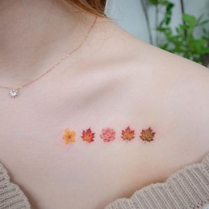 Watercolor tattoo by Donghwa of Studio by Sol #Donghwa #StudiobySol #Seoul #Koreanartist #Koreantattooartist #watercolor #fineline #detailed #color #nature #floral #leaves #fallleaves #fall #rose